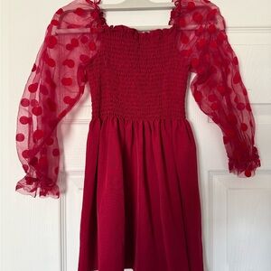 Charming Red Kids Dress with Sheer Polka Dot Sleeves